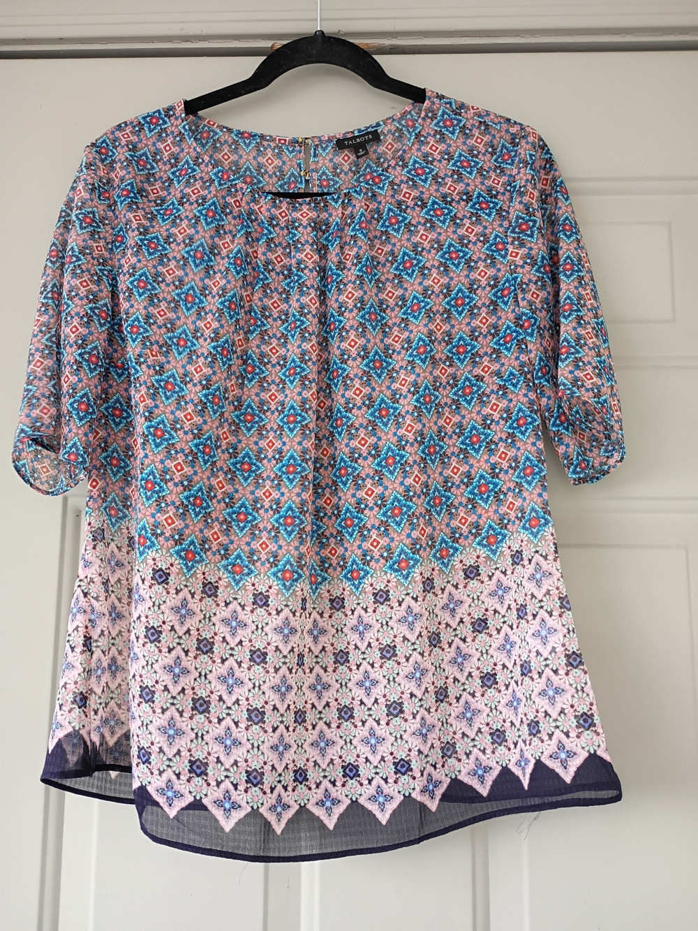 Talbots Pink and Blue Sheer Geometric Print Tunic Blouse Size Small